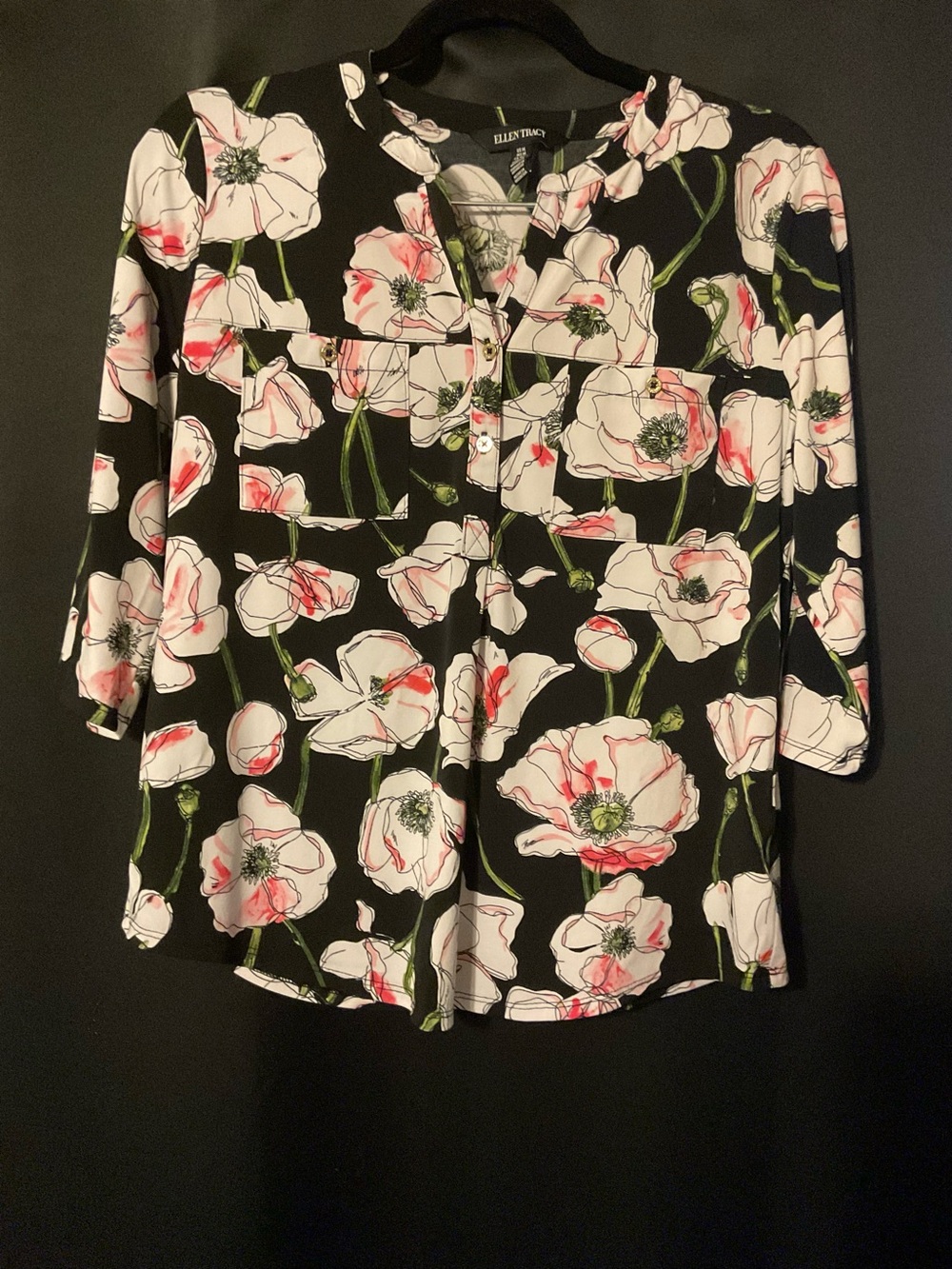 Ellen Tracy Black Floral Blouse with Pink Accents Size Medium